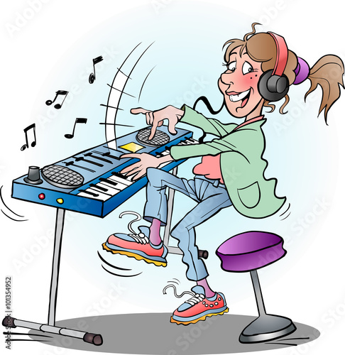 Vector cartoon illustration of a girl playing keyboard