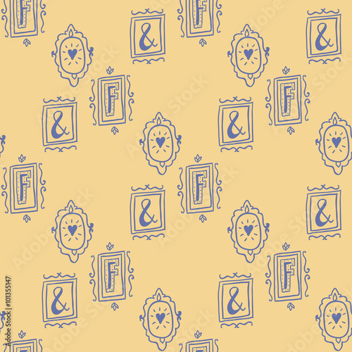 Stay Fancy seamless vector pattern. Hand drawn furniture, interior decorations and frames. Hand lettering.