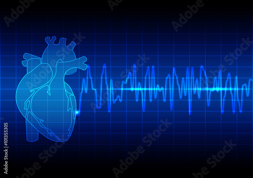 Vector Illustration heart rhythm ekg on blue background technolo