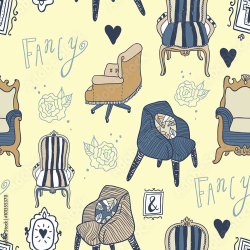 Stay Fancy seamless vector pattern. Hand drawn furniture, interior decorations and frames. Hand lettering.