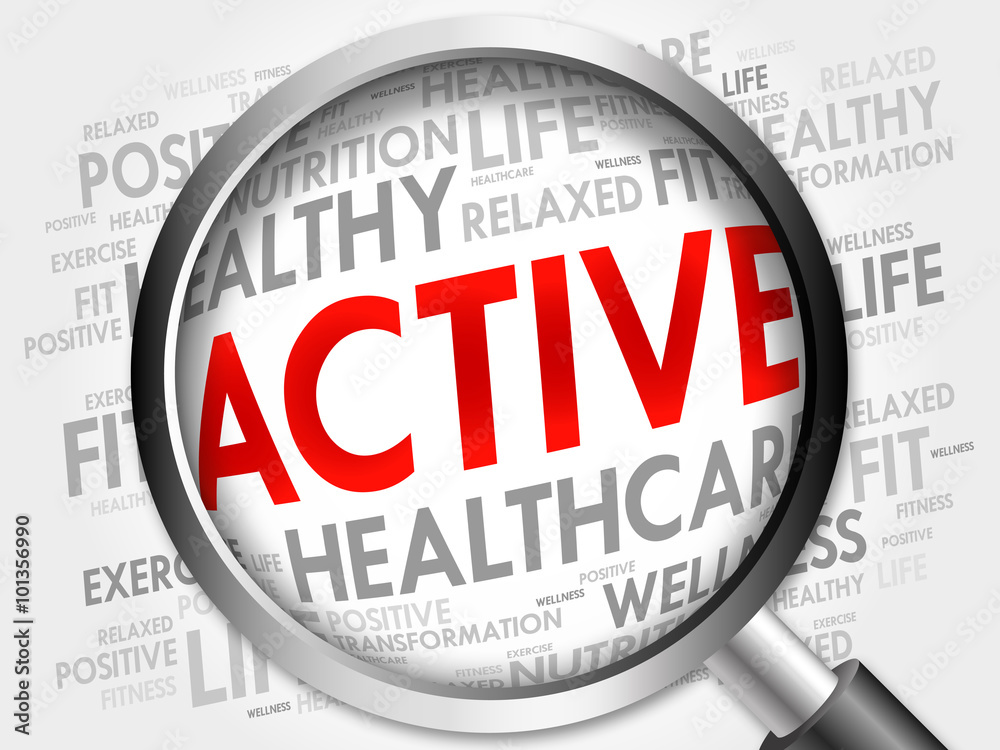 ACTIVE word cloud with magnifying glass, health concept