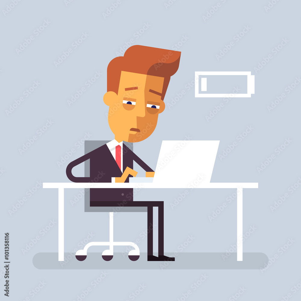 Tired businessman is sitting at the desk with laptop. Vector illustration in flat design.