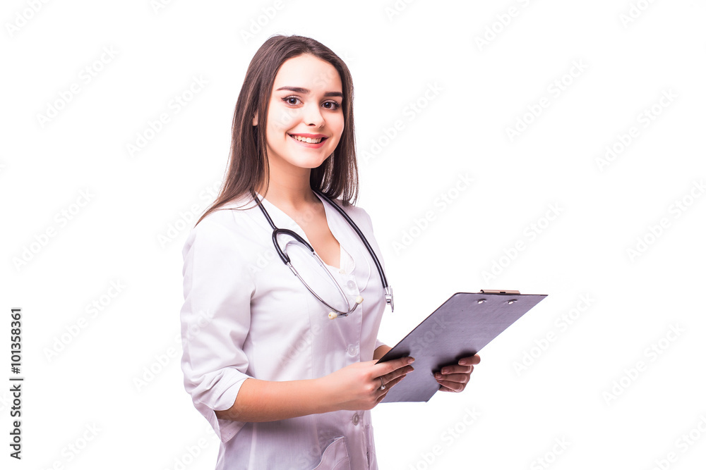 Female doctor holding a clipboard - isolated over a white background Female doctor holding a clipboard - isolated over a white background