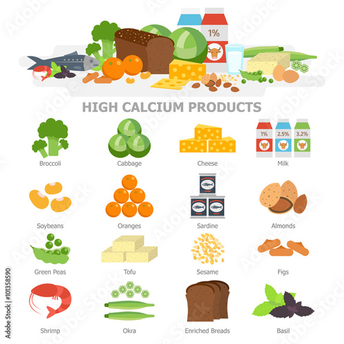 High calcium food infographic elements flat vector illustration, banner. The products with calcium icon set, vegetables, milk, soy, seafood. Healthy diet