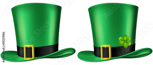 Green Leprechaun's hat, three quarter view. St. Patrick's day design element, vector illustration. Two versions included - with and without a shamrock leaf.