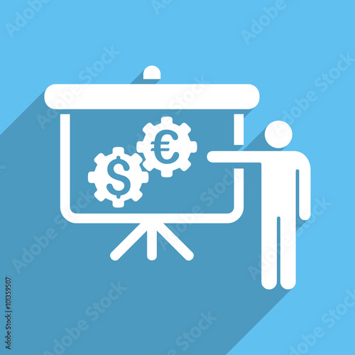 International Banking Project vector icon. Style is a flat white symbol with long shadow on a light blue square.