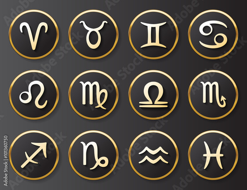 Zodiac golden signs set for web and print. Vector symbol set
