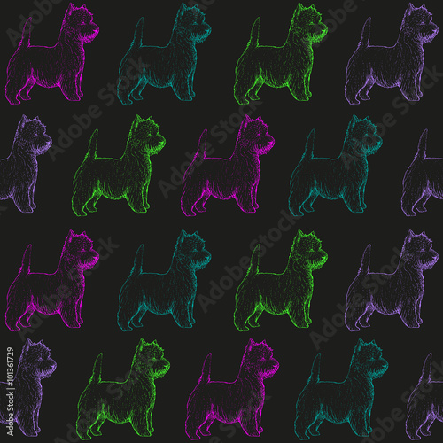 Vector seamless pattern with dogs on the black background - Illustration