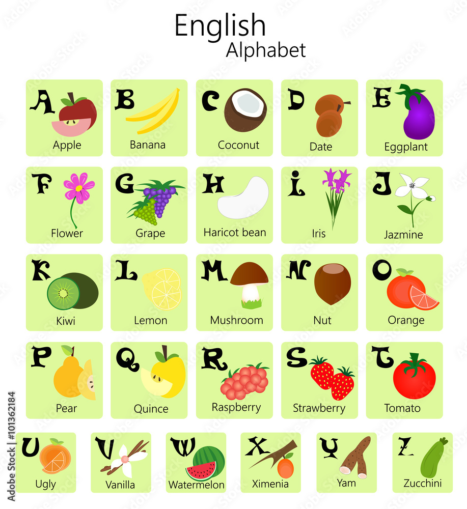 Illustration of English alphabet from A to Z with fruits and vegetables.