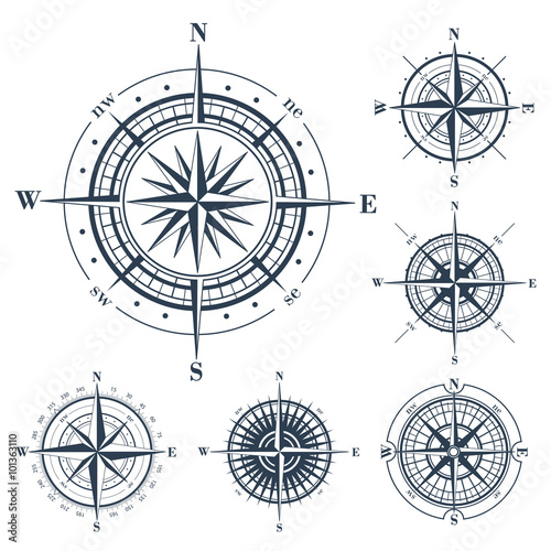 Set of compass roses isolated on white photo