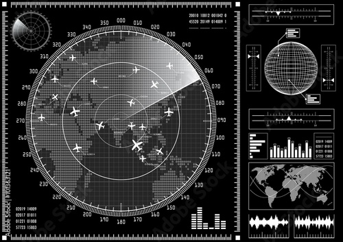 Radar screen with futuristic user interface HUD.