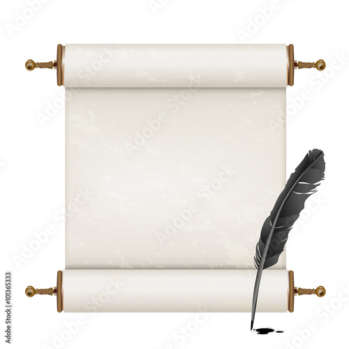 black feather and ancient scroll on white
