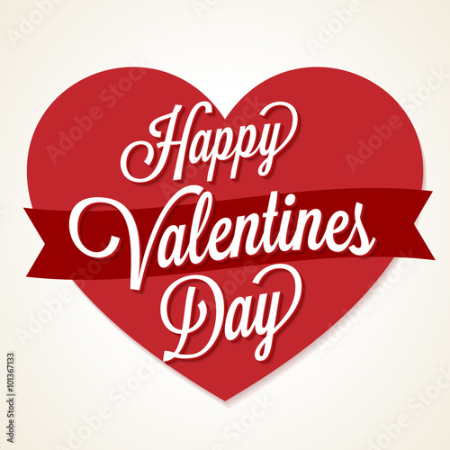 Happy Valentines Day Card with white Hand Lettered Text and Heart Shape on the background.