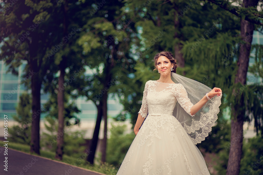 Bride in the Park with a lace veil with copy space Bride in the Park with a lace veil with copy space