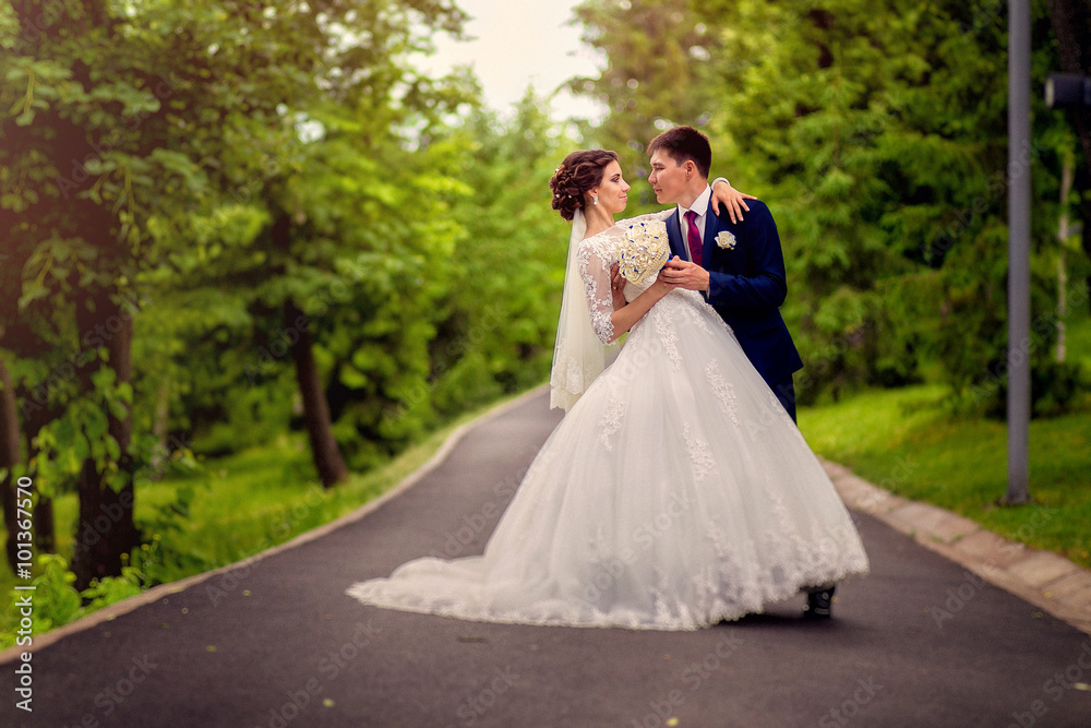 Dancing wedding newly married couple outdoors