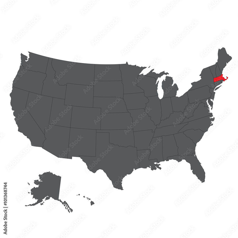 Massachusetts red map on gray USA map vector