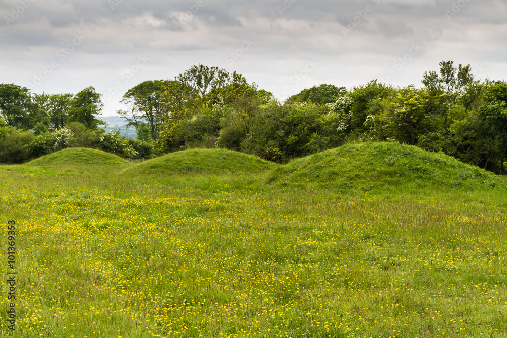 Фотография Three ancient tumuli, barrows or burial mounds.