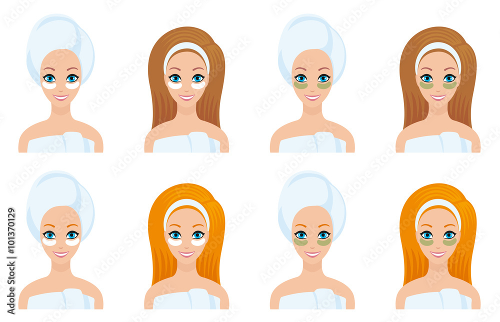 set girl's face spa treatments of beauty white and green mask for the area under the eyes a towel and a bandage on his head and a redhead brunette, isolated vector flat for circuits and instructions set girl's face spa treatments of beauty white and green mask for the area under the eyes a towel and a bandage on his head and a redhead brunette, isolated vector flat for circuits and instructions