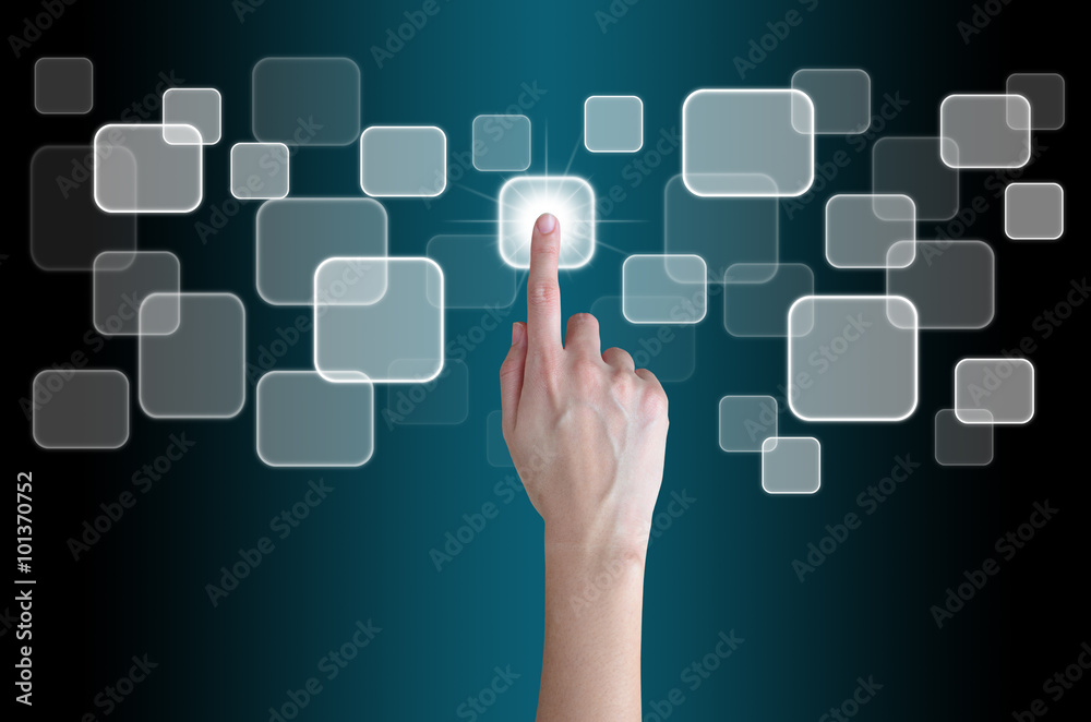 woman hand touch on virtual button screen woman hand touch on virtual button screen