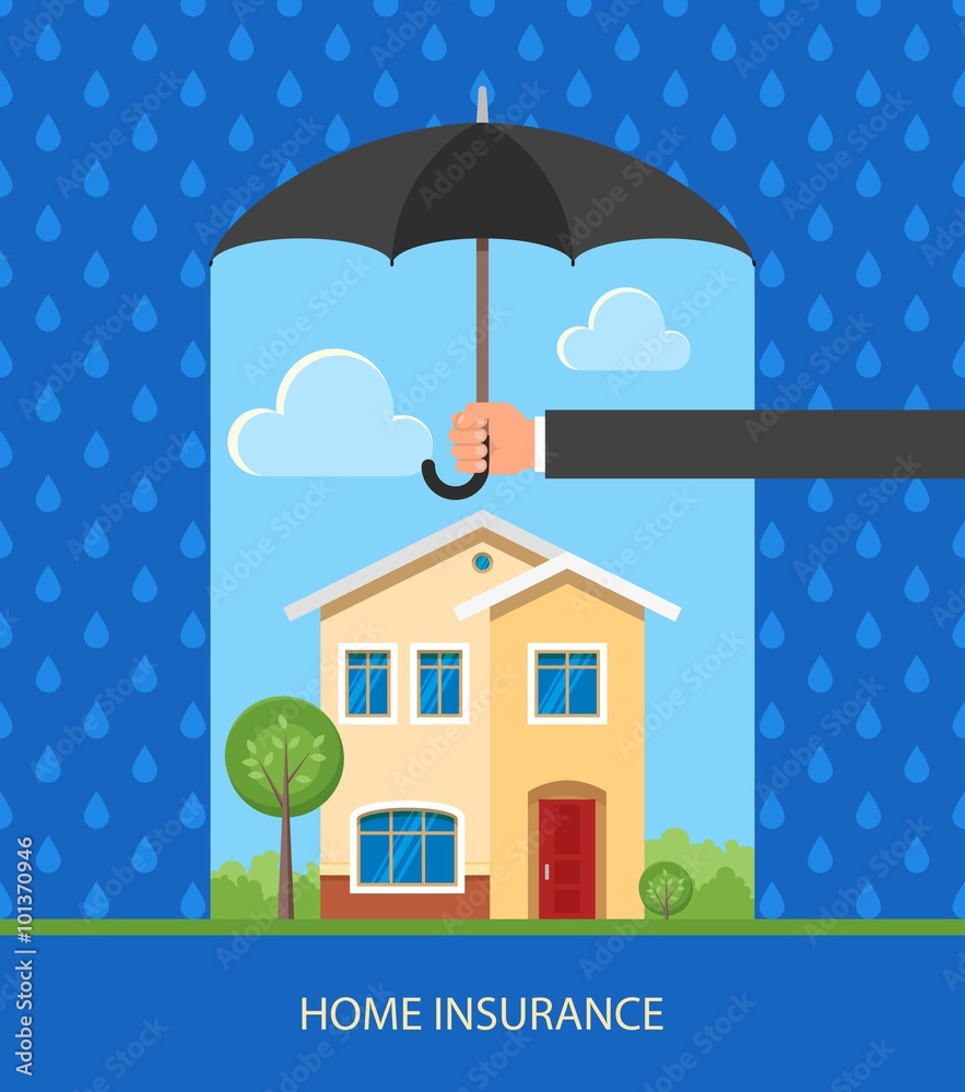 Home protection plan concept. Vector illustration in flat design. Hand holding umbrella to protect house from rain Home protection plan concept. Vector illustration in flat design. Hand holding umbrella to protect house from rain
