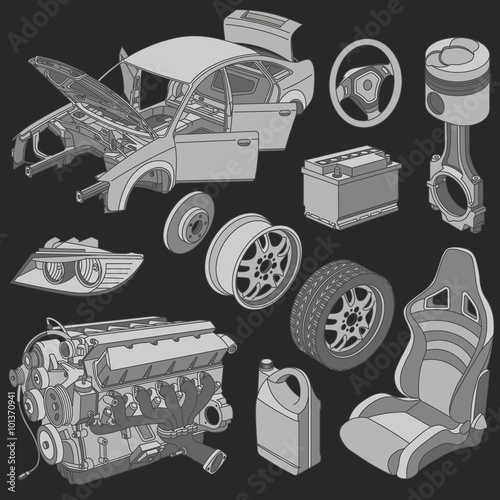 Car parts icons isometric