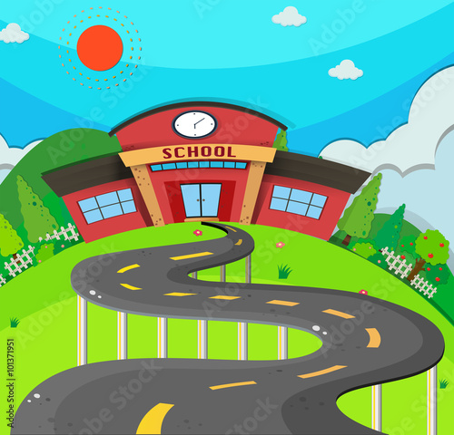 School scene with road to the school