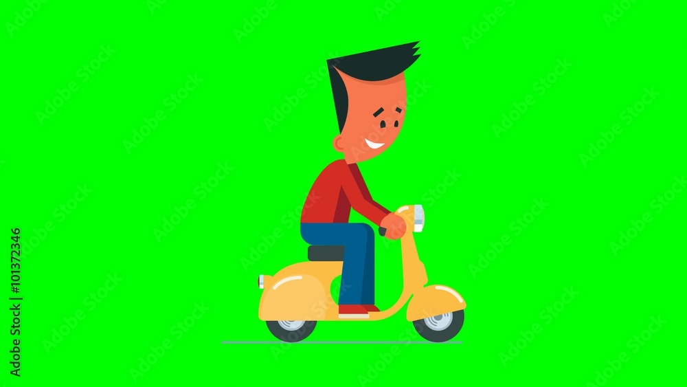 Cartoon young man riding a scooter. Looped animation. Man on cityscape ...