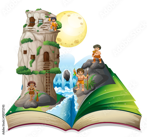 Magic book of cave people by the waterfall