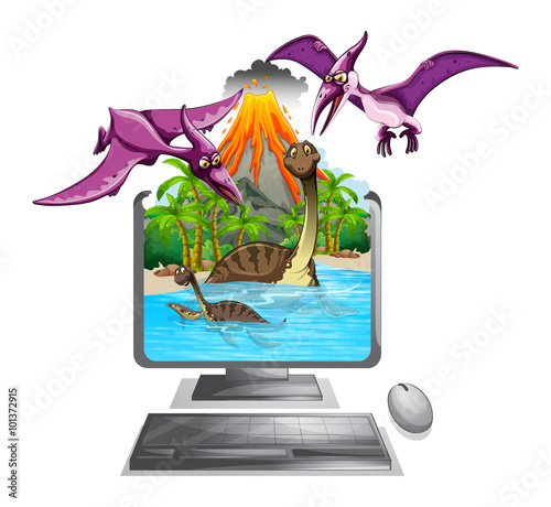 Computer screen with dinosaurs in the lake