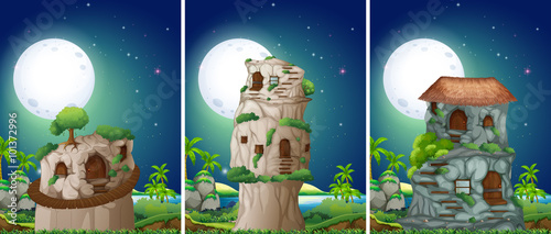 Three scenes of stonehouse at night