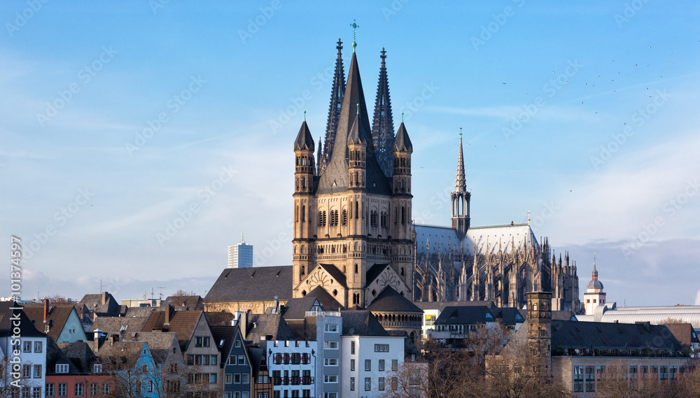 Cologne, view of the church Great St. Martin on a sunny winter day, Germany