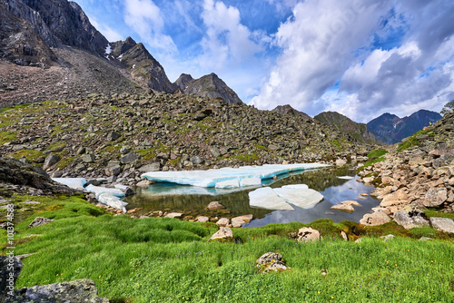 Alpine meadow with green onions at a small lake with ice