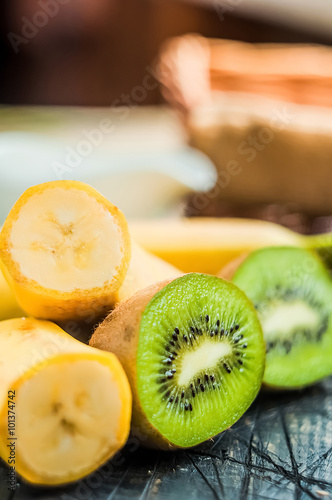 Pieces of bananas and kiwi