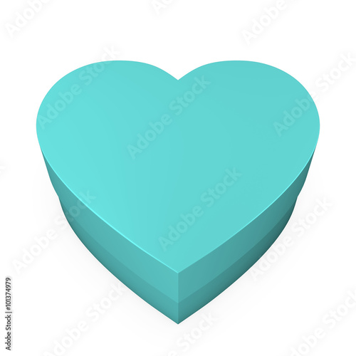 Caja de regalo con forma de corazón 3D, de color turquesa o aguamarina, cerrada, vista desde arriba y sobre fondo blanco. 