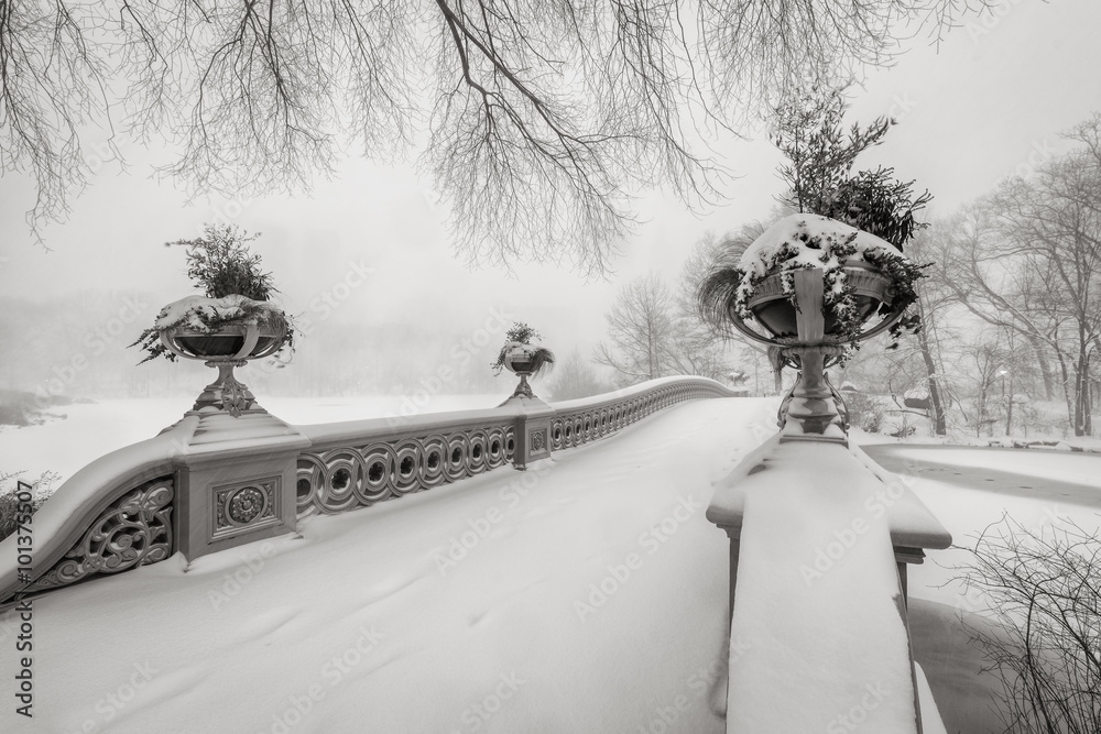 Φωτογραφία Black & White view of the Bow Bridge in Central Park covered in snow during the blizzard of January 2016