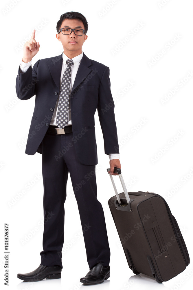 Businessman with suitcase and pointing up on a white background Businessman with suitcase and pointing up on a white background