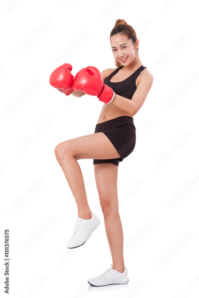 Boxer - fitness woman boxing wearing boxing red gloves on white background. Boxer - fitness woman boxing wearing boxing red gloves on white background.