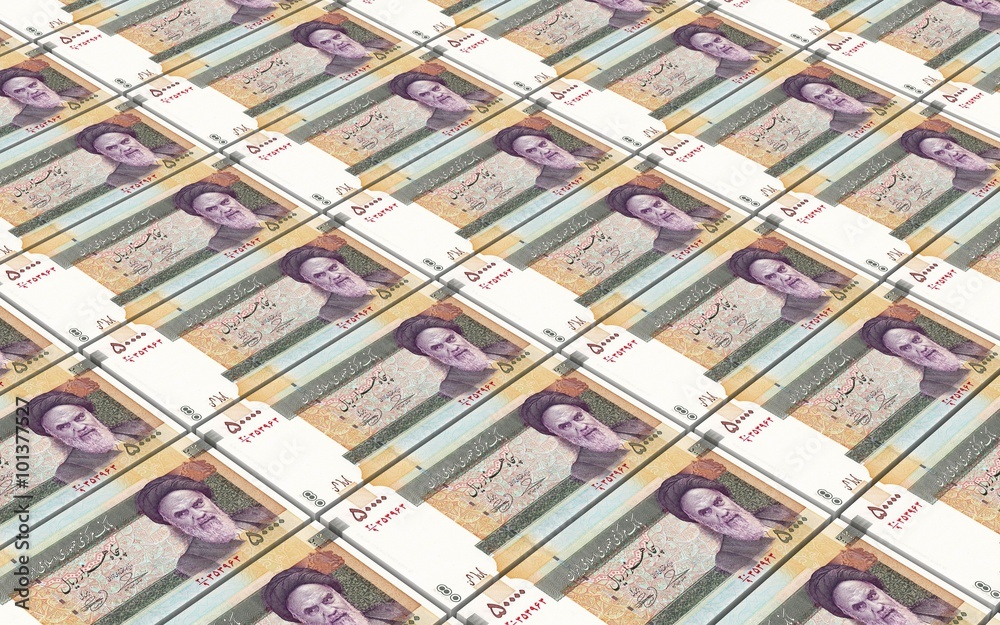 Iranian rials bills stacked background. Computer generated 3D photo rendering.