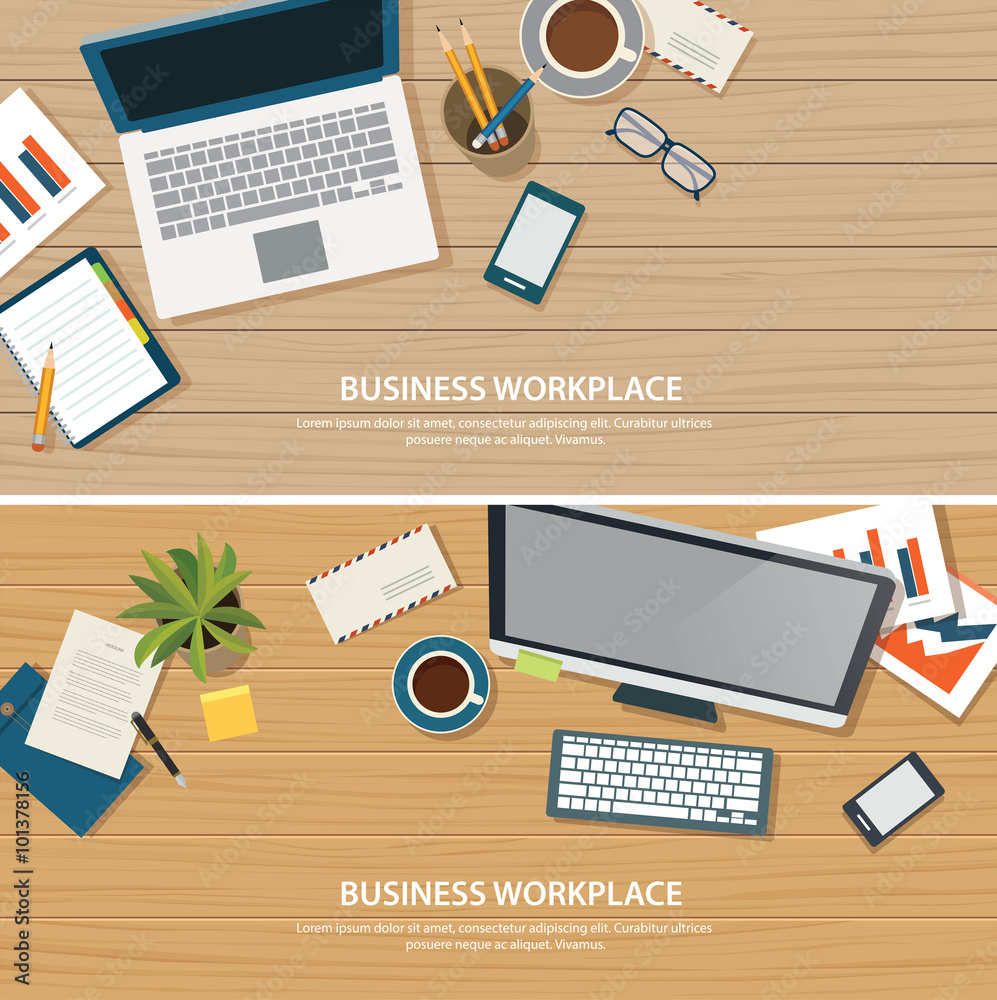 top view office workplace on wood table
