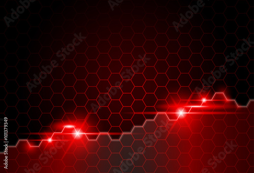 Red Abstract Background with Hexagonal Texture and Glowing Lights - Vector