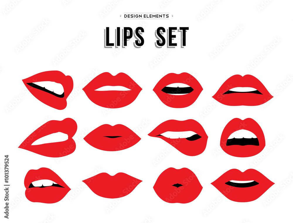 Woman's lip emotions gestures set.