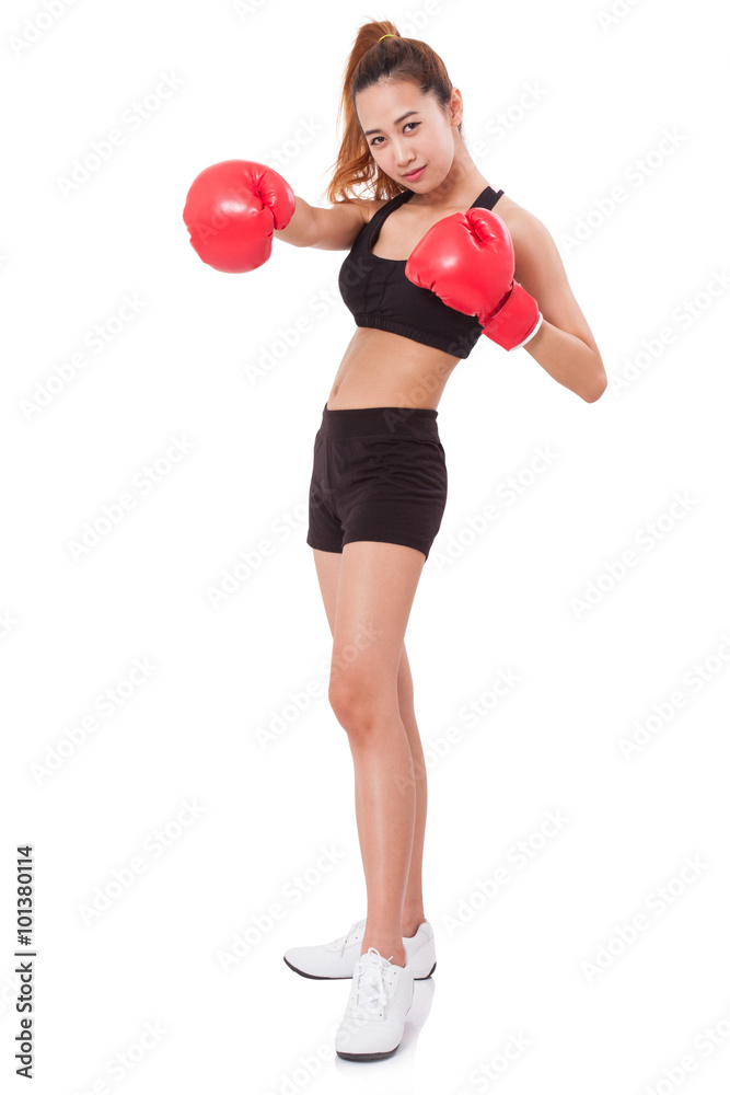 Boxer - Full length fitness woman boxing wearing boxing red gloves on white background.