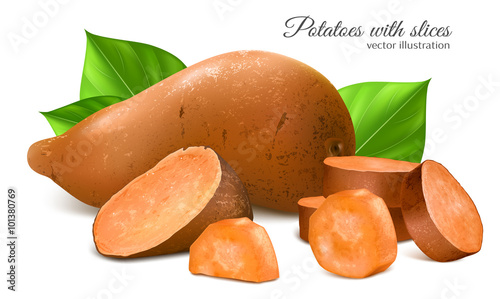 Sweet potato with slices and leaves