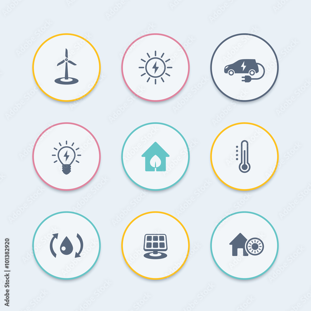 Green ecologic house, energy saving technologies, round stylish icons, vector illustration