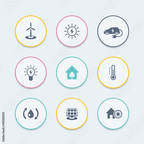 Green ecologic house, energy saving technologies, round stylish icons, vector illustration