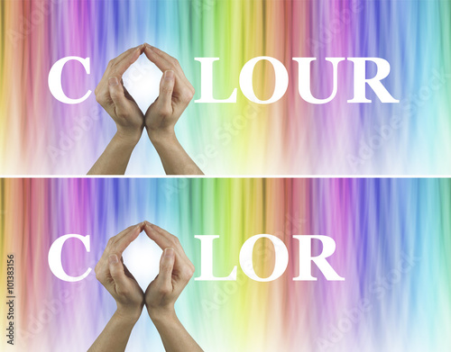 Color Healing Therapy Website Banners x 2  -  Female hands making the O of COLOR/COLOUR on a rainbow colored subtle striped wide background photo