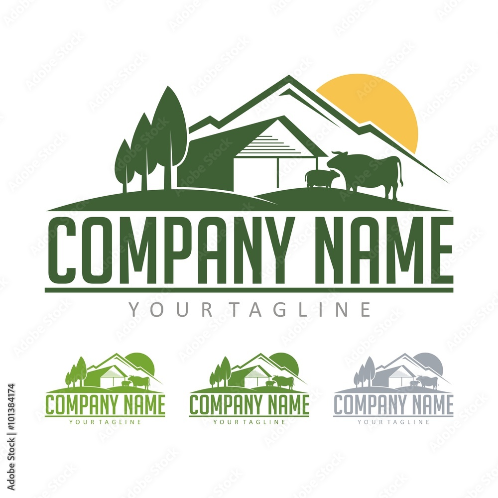 Farming Logo - Cattle Farm With View Mountain Design Logo Vector Farming Logo - Cattle Farm With View Mountain Design Logo Vector