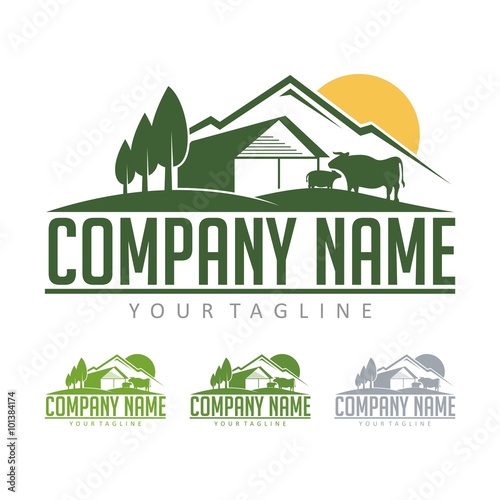 Farming Logo - Cattle Farm With View Mountain Design Logo Vector