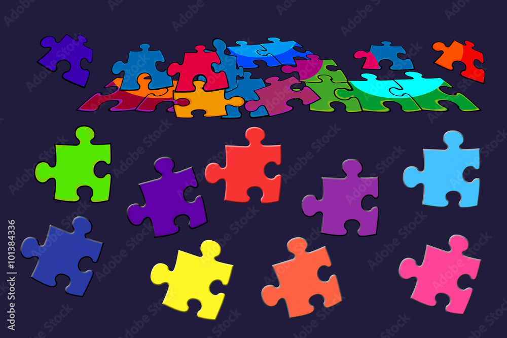 Puzzle colorful. Digital drawing. Colorful details of puzzles on a dark background. Design crafts, fabrics, decorating, printable production, albums