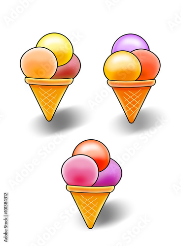Ice cream, Vanilla Ice Cream and Fruit in cone on white background, clip art. Digital Illustration photo